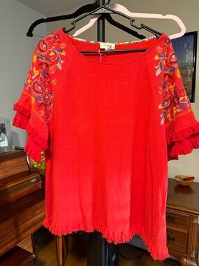Umgee Bright Red Embroidered Ruffle-Sleeve Blouse